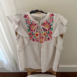 Savanna Jane Floral Embroidered Striped Women's Top M